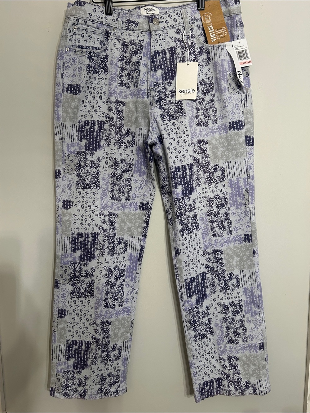 Kensie Straight Leg Jeans in Light Blue, Navy, Gray Patchwork Print